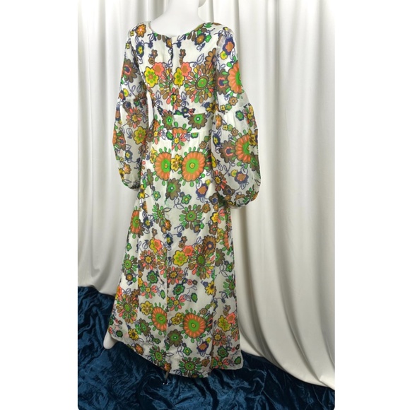 Vintage 1960’s Floral Printed Chiffon Maxi Dress - Peasant Sleeve Gown - Small - Picture 10 of 10